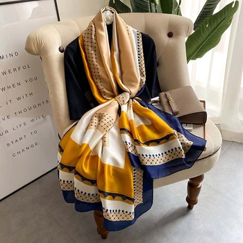 Нови копринени шалове жени луксозен дизайн на марката Foulard женски шал Stoles хиджаб дамски забрадки чанта шалове Echarpe обвивки